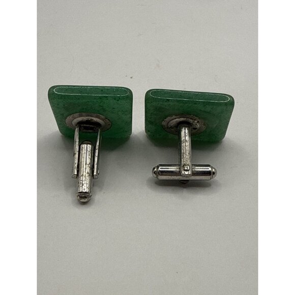 Vintage Green Resin Cufflinks Square Design Mens Jewelry Silver-Tone Backing - Picture 4 of 6